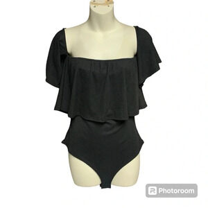 Willow + Root black ribbed body suit ruffle detail size large